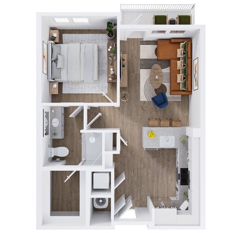 Floor plan for 1 bed, 1 bath, 739 sqft